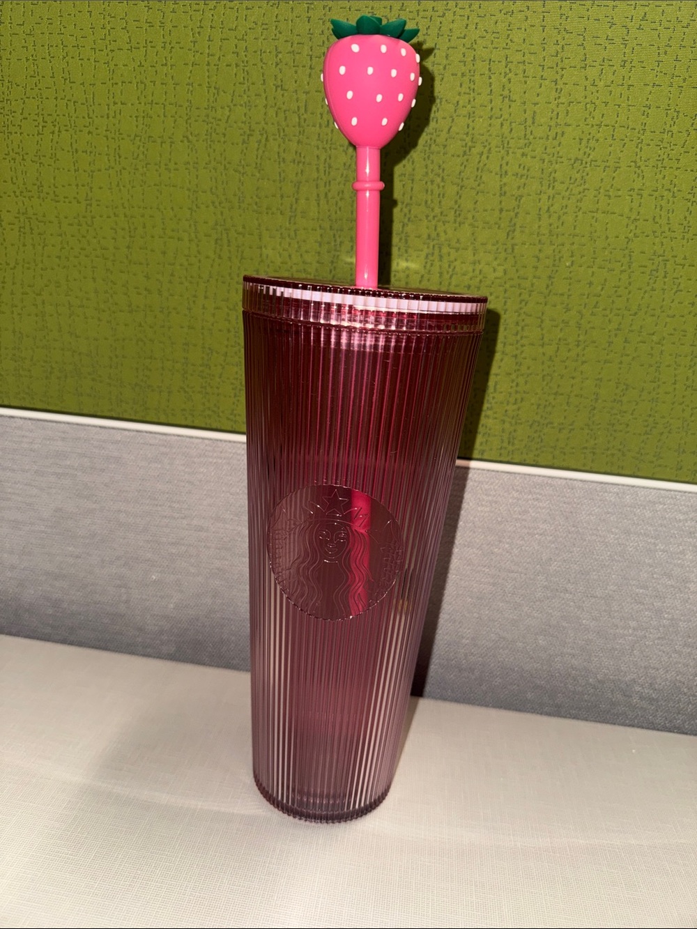 Starbucks Translucent Deep Pink Ribbed Tumbler with Strawberry Stirrer